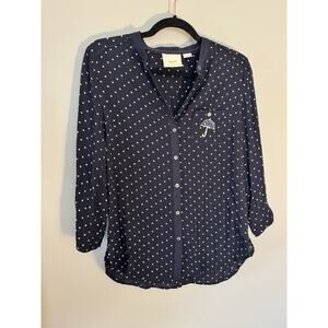 Anthropologie Maeve Navy Embroidered Umbrella Polka Dot Button Down Top Size XS